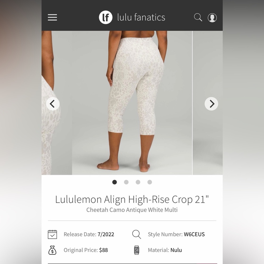 Lululemon “21 Size 6 White Cheetah Print Cropped Leggings